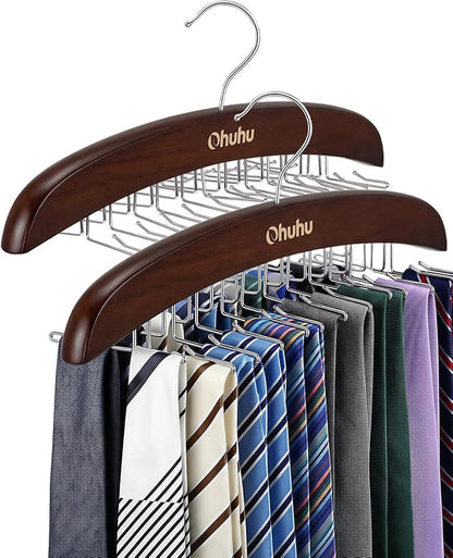 Tie Rack Hanger for Closet: Ohuhu 2 Packs 24 Folding Hooks Tie Hangers for Men Wooden Tie Holder Organizer Space Saving Necktie Storage 360 Degree Rotating Ties Belts Scarves Tank Tops-Walnut