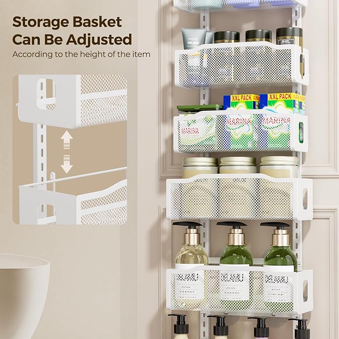 Delamu 8 Tier Over the Door Pantry Organizer, 2in1 Hanging or Wall Mount Spice Rack Seasoning, Adjustable Heavy-Duty Narrow Pantry Door Organizer and Storage for Kitchen Cabinet and Bathroom,12" White