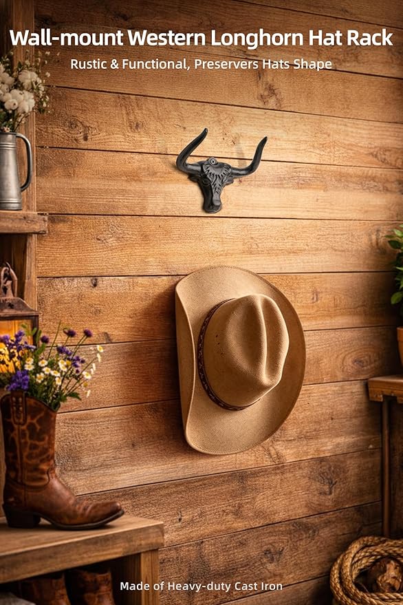 Cowboy Hat Hook for Wall 2 Pack Cast Iron Cowboy Hat Hanger Metal Hat Holder Cowgirl Hat Rack Vintage Western Wall Decor Longhorn Hooks for Hat Storage and Organization Cow Decor Western Gift Rust