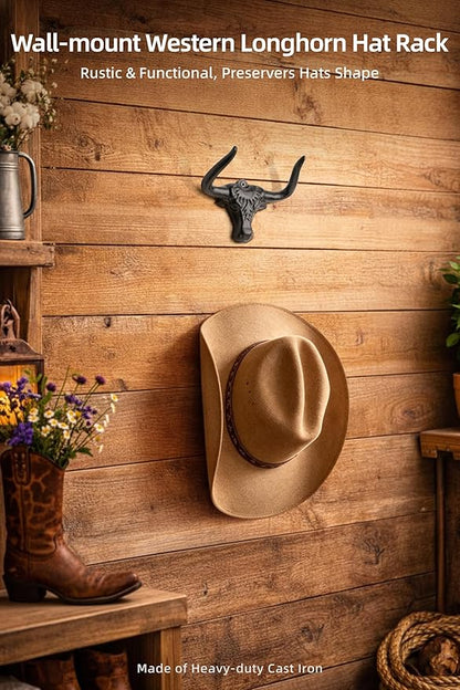 Cowboy Hat Hook for Wall 2 Pack Cast Iron Cowboy Hat Hanger Metal Hat Holder Cowgirl Hat Rack Vintage Western Wall Decor Longhorn Hooks for Hat Storage and Organization Cow Decor Western Gift Rust