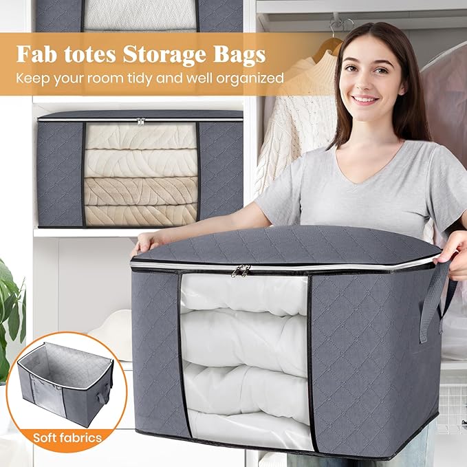 Fab totes 24 Gallons Clothes Storage, Foldable Thick Fabric Blanket Storage Bags, Containers for Organizing Bedroom, Closet, Clothing, Comforter, Organization with Handle (8 Pack,Grey)
