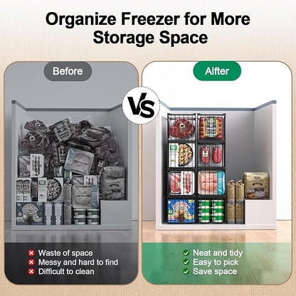 MSERCUOR Freezer Organizer Bins, 6 Pack Stackable Deep Chest Freezer Organizer Bins, Foldable Baskets with Handles, Black Storage Container Baskets for 5/ 7 Cu.FT Deep Freezer Sort Frozen Meats