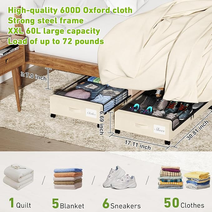 Tututry Under Bed Storage with Wheels, XXL 60L Under the Bed Storage Bins, Underbed Storage Containers with Lids & Label, Rolling Metal Drawer for Shoes, Clothes, Books, Toys (4-Pack Beige)