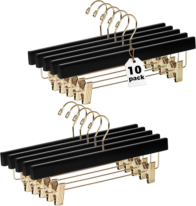 Quality Hangers Black Wooden Pants Hangers - 10-Pack Swivel Hook Cloth Hanger Set - Lotus Wood Skirt, Pant, Shorts and Slack Hangers with Adjustable Clip – Black Clothing Hanger (Gold Hook, 10)