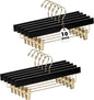 Quality Hangers Black Wooden Pants Hangers - 10-Pack Swivel Hook Cloth Hanger Set - Lotus Wood Skirt, Pant, Shorts and Slack Hangers with Adjustable Clip – Black Clothing Hanger (Gold Hook, 10)