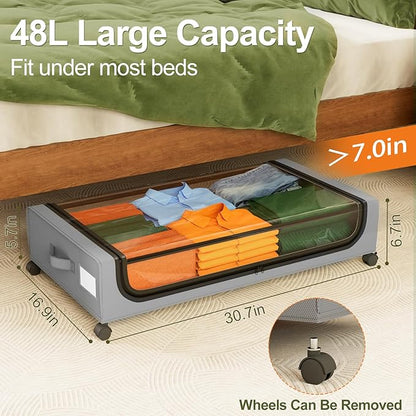 GoMaihe Under Bed Storage with Wheels: 48L Underbed Storage Containers with Lids - Rolling Bins for Shoes Clothes in Dorm Bedroom - Metal Drawers Easy Pull-out Grey 4-Pack