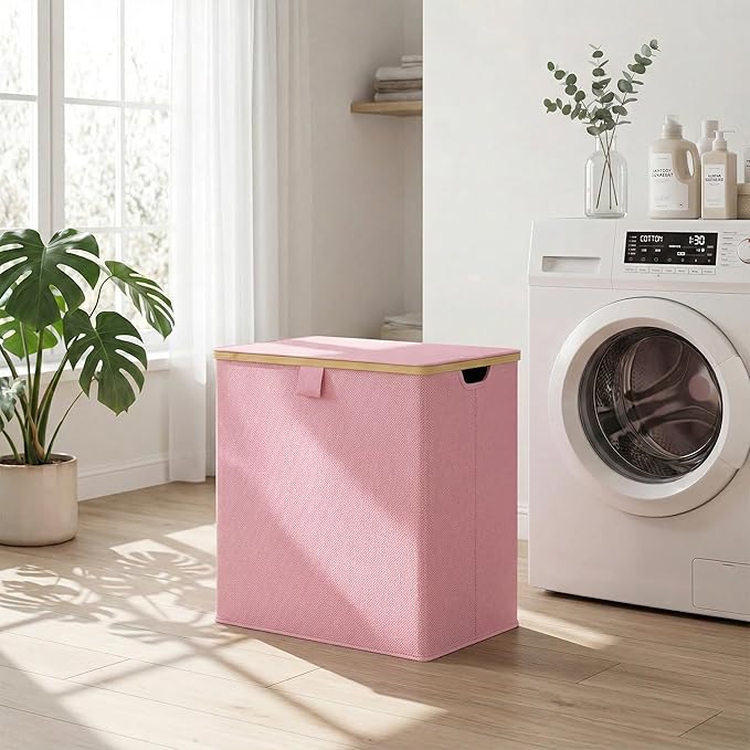 efluky Laundry Hamper with Lid, Double Laundry Basket with 2 Removable Bags, 2 Section Laundry Bin with Bamboo Handles for Bathroom, Bedroom & Laundry Room, 140L (36.9 Gallon) Pink
