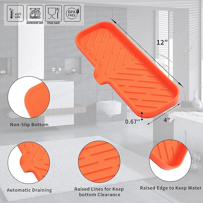 MicoYang Silicone Bathroom Soap Dishes with Drain Spout-Bathroom and Kitchen Sink Organizer,Sponge Holder,Dish Soap Tray,Perfect for Dispenser,Scrubber,Bottle,Cup on Sink or Counter-Orange 12"×4"