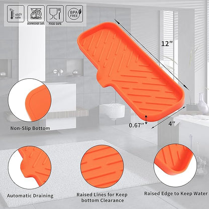 MicoYang Silicone Bathroom Soap Dishes with Drain Spout-Bathroom and Kitchen Sink Organizer,Sponge Holder,Dish Soap Tray,Perfect for Dispenser,Scrubber,Bottle,Cup on Sink or Counter-Orange 12"×4"