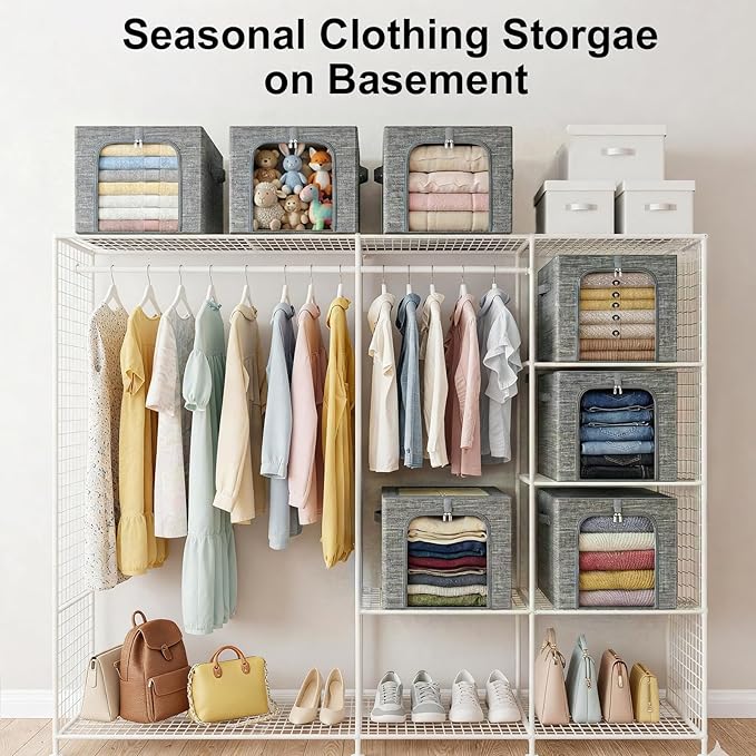 GoMaihe Clothes Storage Bin with Metal Frame: 6-Pack Stackable Closet Storage Bin with Lid & Clear Window, Sweater Boxes Storage for Closet Bedding Clothing Storage Organizer 40L