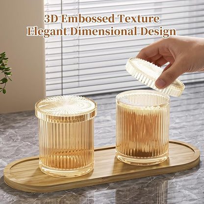 BSSN Glass Cotton Swab Holder Set of 3 with Bamboo Tray, Qtip Holder Dispenser for Bathroom Vanity, Amber Apothecary Jars with Lids for Cotton Balls, Swabs and Makeup Pads