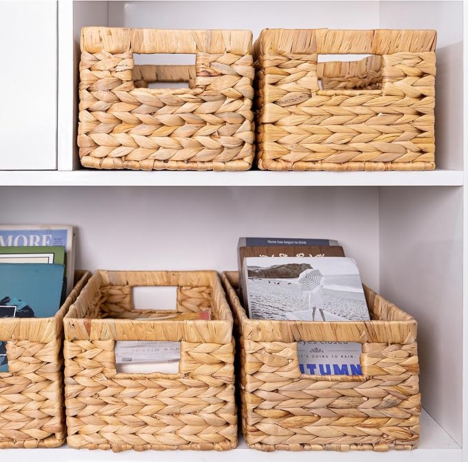 M4DECOR Set of 3 Water Hyacinth Storage Baskets – Wicker Baskets for Shelves, Decorative Woven Organizer Bin for Bathroom, Closet, or Pantry (3-Pack Medium)