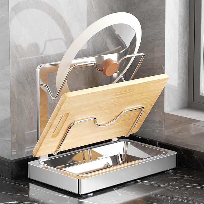 Pot lid holder within reach while cooking: 2-Layer Stainless Steel Pot Lid holder with removable drips collecting tray, Pot Lids Storage Rack, Pot Lids Organizer for various pot sizes and handles.