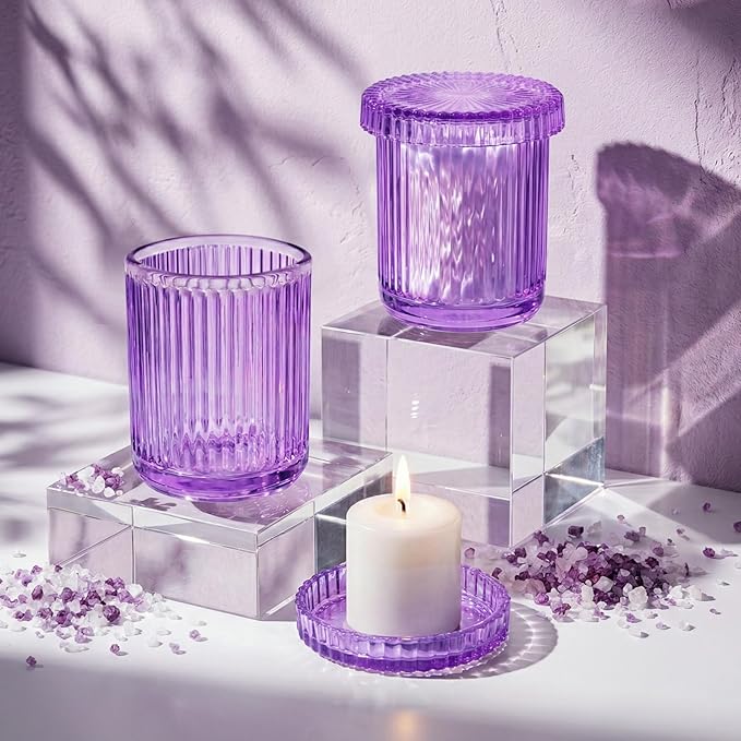 2 Pack Qtip Holder - Apothecary Jars with Lids, Bathroom Organizers and Storage Canister for Cotton Balls,Swabs,Floss Picks,Hair Ties,Clear Glass Vintage Bathroom Decor Jar Set (purple)