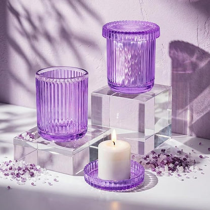 2 Pack Qtip Holder - Apothecary Jars with Lids, Bathroom Organizers and Storage Canister for Cotton Balls,Swabs,Floss Picks,Hair Ties,Clear Glass Vintage Bathroom Decor Jar Set (purple)