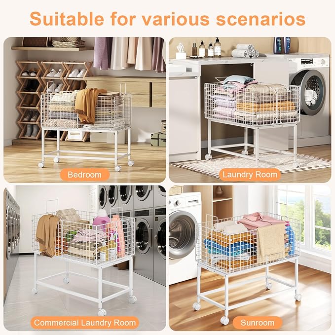 Large Rolling Laundry Basket Cart,Wire Laundry Hamper Cart with Handle and Wheels,White High Laundry Hamper for Laundry Room,Bedroom and Bathroom-120L White (29.5"L*19.7"W*27.95"H inch)