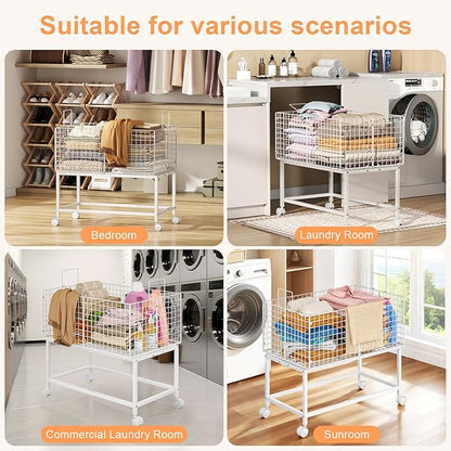 Large Rolling Laundry Basket Cart,Wire Laundry Hamper Cart with Handle and Wheels,White High Laundry Hamper for Laundry Room,Bedroom and Bathroom-120L White (29.5"L*19.7"W*27.95"H inch)