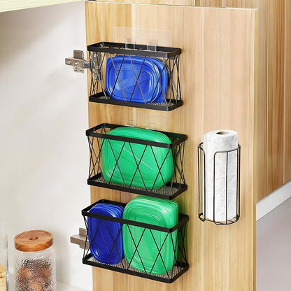 YIGII 3 Pack Adhesive Cabinet Organizer - Pantry Door Organizer Bin Holder for Tupperware Lid Kitchen, Black Stainless Steel