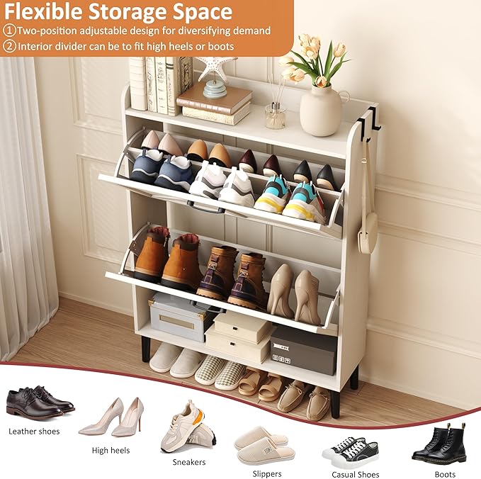 HOMEFORT Shoe Storage Cabinet for Entryway, Slim Shoe Organizer with Two Flip Drawers, Narrow Shoe Rack Cabinet with Wood Legs, Farmhouse Hidden Shoe Cabinet for Front Door Entrance,Antique White