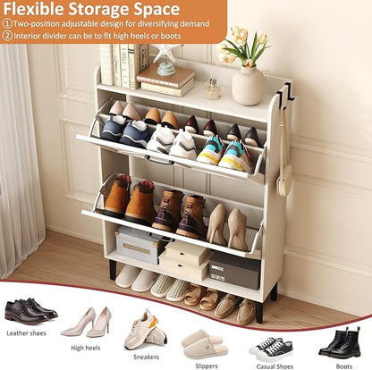 HOMEFORT Shoe Storage Cabinet for Entryway, Slim Shoe Organizer with Two Flip Drawers, Narrow Shoe Rack Cabinet with Wood Legs, Farmhouse Hidden Shoe Cabinet for Front Door Entrance,Antique White