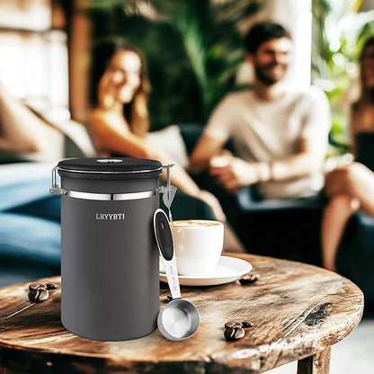 38oz Airtight Coffee Canister,Stainless Steel Coffee Bean Storage Container with Scoop Date Tracker & CO2 Release Valve for Beans, Grounds and more- Gray
