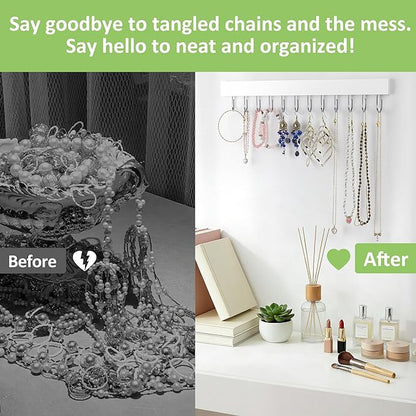 Jewelry Organizer Wall Mounted 2 Pack, Wooden Necklace Holder Wall Hanger with 24 Hooks for Hanging Necklaces and Jewelry Storage, White
