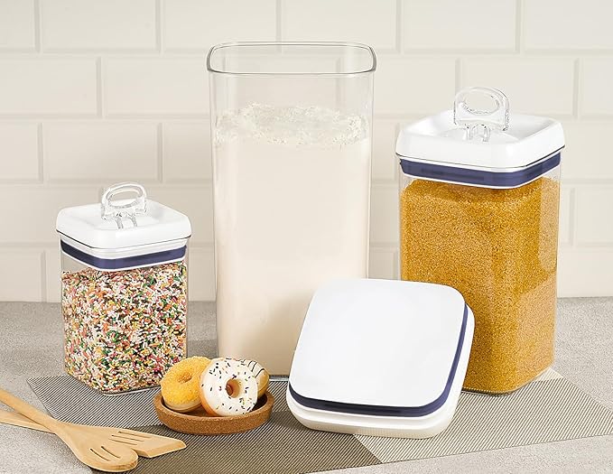 Felli Flip Tite Acrylic Food Storage Container with Lid 6” XL Air Tight Ring Seal Flip Lock, Plastic Kitchen Baking Canister for 5 lb Flour Sugar Rice Protein Powder Pantry Organizer (Nest-L White)