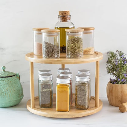 TB Home Two-Tier Bamboo Wood Lazy Susan Organizer Kitchen Turntable for Cabinet, Table or Pantry Organization, 10" Diameter & 7-1/4" High