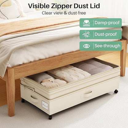 Kitstorack 4 Pack Height-adjustable Under Bed Storage with Wheels, Under Bed Storage Containers,Under Bed Shoe Storage Organizer with Clear Window&Label, Suitable for Clothes Storage, Beige