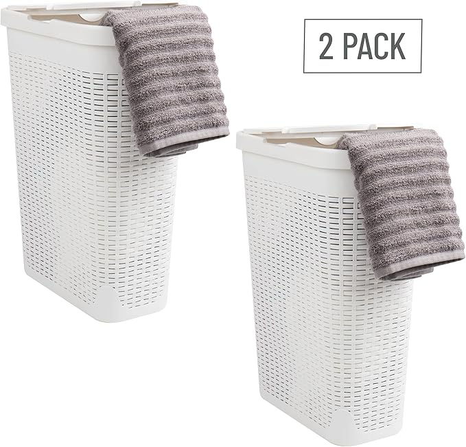 Mind Reader Slim Laundry Hamper with Lid, 40L Clothes Basket, Narrow Tapered Design with Ventilated Cutout Pattern, Plastic, Set of 2, White