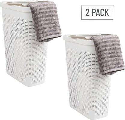 Mind Reader Slim Laundry Hamper with Lid, 40L Clothes Basket, Narrow Tapered Design with Ventilated Cutout Pattern, Plastic, Set of 2, White