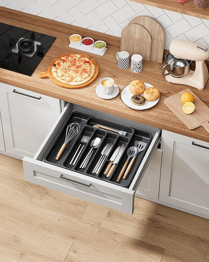 Kitsure Cutlery Drawer Organiser for Kitchen - Adjustable Cutlery Tray for Effortless Utensil Sorting, Versatile Kitchen Storage & Organisation Solution, 12.13" x 1.54" x 8.07"~13.90", Black