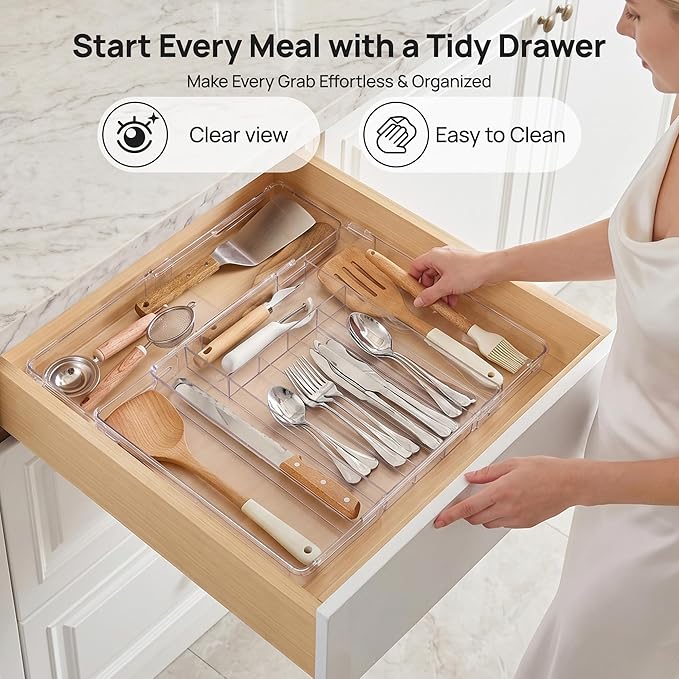Vtopmart Expandable Silverware Organizer, Clear Plastic Food-Safe Cutlery Flatware Organizer, Kitchen Utensil Drawer Organizer, Adjustable Silverware Holder for Spoons Forks Knives, (6-9 Slots)