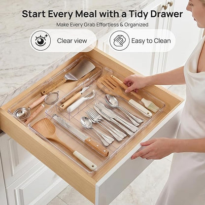 Vtopmart Expandable Silverware Organizer, Clear Plastic Food-Safe Cutlery Flatware Organizer, Kitchen Utensil Drawer Organizer, Adjustable Silverware Holder for Spoons Forks Knives, (6-9 Slots)