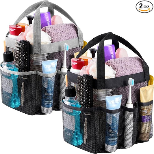 Lifewit Mesh Shower Caddy 2 Packs, Freestanding Portable Shower Tote Bag for Dorm, Bathroom, Gym, Travel, Quick Dry Hanging Organizer with 7 Storage Pockets for Toiletry Essentials, Black&Grey