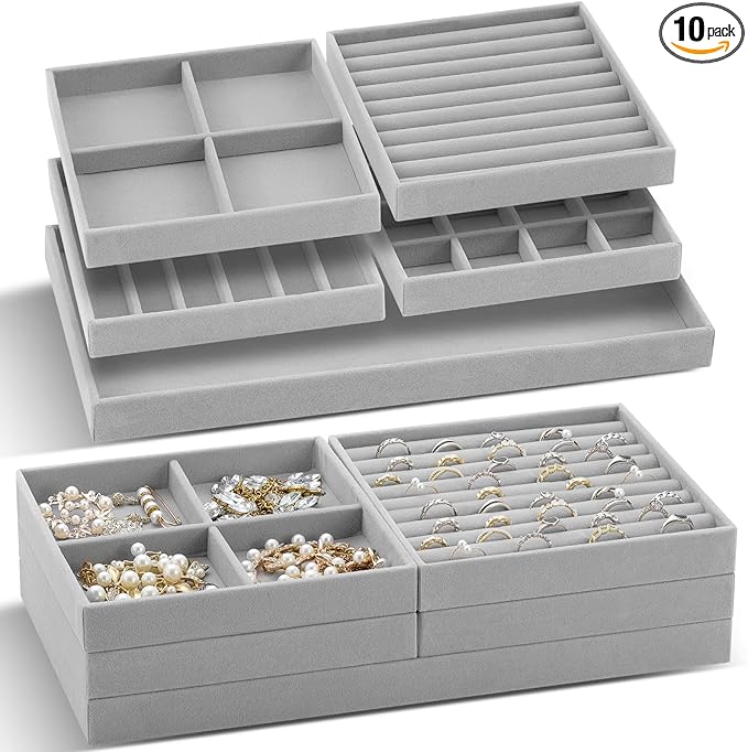 Cinnvoice Set of 10 Stackable Jewelry Organizer Trays for Drawer 14 Inch Velvet Jewelry Drawer Insert Display Storage with Removable Divider for Necklace Earring Ring Watch Bracelet (Gray)