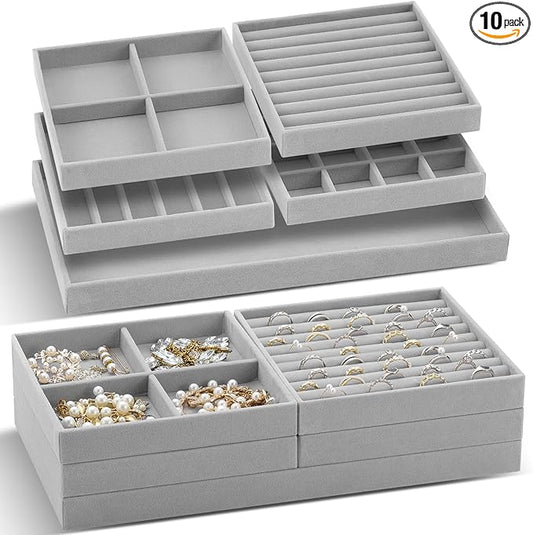 Cinnvoice Set of 10 Stackable Jewelry Organizer Trays for Drawer 14 Inch Velvet Jewelry Drawer Insert Display Storage with Removable Divider for Necklace Earring Ring Watch Bracelet (Gray)