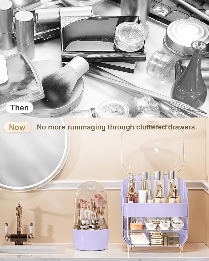 Anylady Makeup Brush Holder 360 Rotating, [Upgrade & with Cover] Makeup Brush Organizer for Vanity Countertop Bathroom (Purple)