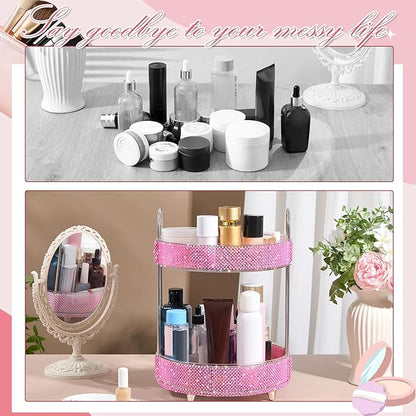 Honeydak 360 Rotating Perfume Organizer for Mother Day Nurse Day Rhinestone Bathroom Counter Organizer Makeup Holder Skincare and Perfume Storage for Cosmetic Countertop(2 Tiers,Pearl,Pink)