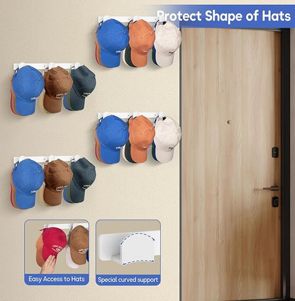 KIMBORA 4 Packs Hat Rack for Wall, Hat Organizer for Baseball Caps Holds 36 pcs, 3 Mounting Options Cap Hook Hanger, Strong Snapback Holder Storage Display for Door, Room, Closet (White)