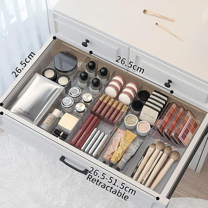 Expandable Drawer Storage Box with 6 Removable Dividers - 2.04" Depth for Light Drawers, Kitchen Utensils, Cosmetics, Office Supplies Organizer (10.43" Length, 20.27" Width)