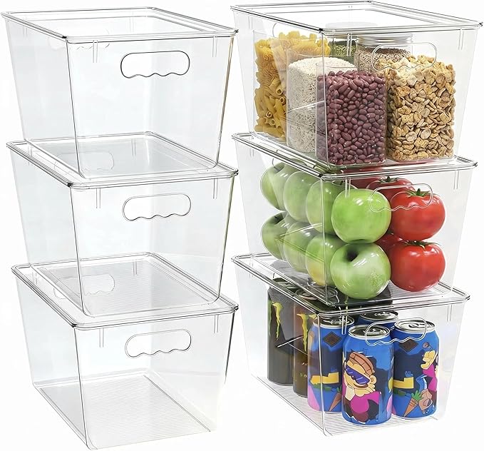 YAN & HIN 6 Pack Clear Storage Bins with Lids, Stackable Plastic Organizer Bins with Handles, Pantry Organizers and Storage for Kitchen Cabinet, Fridge, Bathroom, Closet and Shelf Organization
