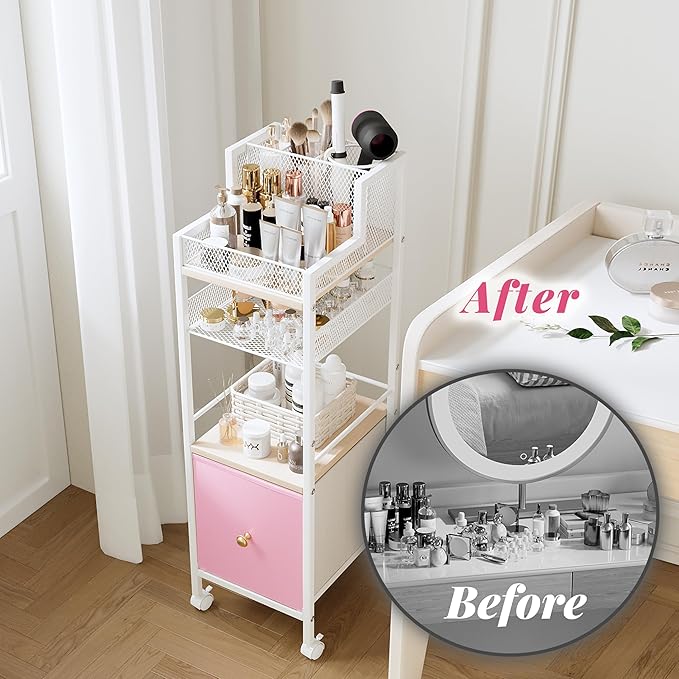 Floor Makeup Organizer Cart, Makeup and Skincare Organizer with Drawers, Bathroom Vanity Organizer, Cosmetics Display Cases Holder for Skin Care Nail Polish Perfume Makeup Brush (Pink)