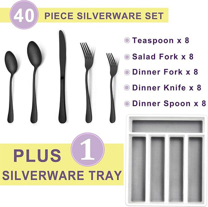 Herogo 40-Piece Matte Black Silverware Set with Drawer Organizer, Stainless Steel Flatware Cutlery Set for 8, Modern Tableware Eating Utensils with Tray, Dishwasher Safe, Satin Finish