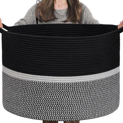 CHICVITA Extra Large Laundry Basket, Woven Rope Blanket Basket for Towels, Clothes, Toy Storage, Pillow Basket for Living Room, Family Room, 22 x 22 x 14 inches, Black