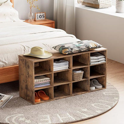 Aenuert 12-Cubby Shoe Rack, 3-Tier Wood Shoe Organizer, Multifunctional Shoe Organizer Bench for Entryway, Mudroom, Hallway, Closet,36.22 * 11.81 * 17.72 Inch,Brown