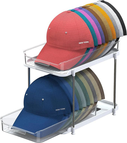 Gomyrod Hat Rack for Baseball Caps, 2-Tier Clear Hat Organizer for Closet Space Saving Hat Storage Holds up to 20 Caps, Pull-Out Cabinet Organiser with Track for Closet & Bedroom
