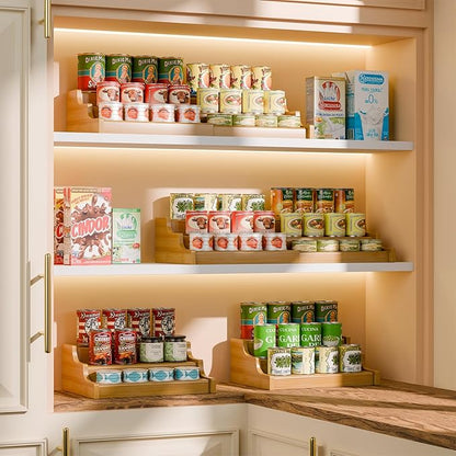 Simple Trending Expandable Bamboo Can Rack Organizer for Pantry, 3-Tier Adjustable Can Storage Holder Holds Up to 24 Cans, Canned Goods Storage Display for Cabinet, Countertop