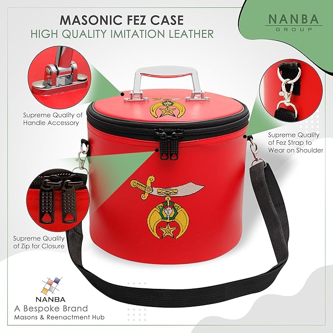 Machine Embroidered Shriner Fez Case – Deluxe Masonic Fez Cap Storage Box with Strap, Imitation Leather Gifts, Display Box for Masonic Fez Hats (Red)