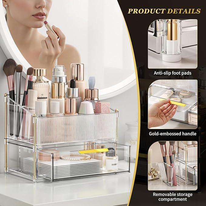 INVSSENE Stackable Makeup Organizer Countertop, Storage Perfume Skincare Cosmetic Lipstick Face Mask Makeup Brush Palettes, Ideal for Vanity Bathroom Counter